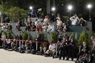 Journalisten auf einer Presseposition bei m G7-Gipfel in Heiligendamm