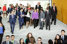 Chancellor Angela Merkel and young people at the Federal Chancellery