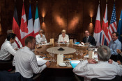 During their working dinner Merkel (Germany), Hollande (France), Cameron (UK), Renzi (Italy), Juncker (European Commission), Tusk (European Council), Abe (Japan), Harper (Canada), Obama (USA) (clockwise) discussed foreign and security policy issues