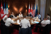 During their working dinner Merkel (Germany), Hollande (France), Cameron (UK), Renzi (Italy), Juncker (European Commission), Tusk (European Council), Abe (Japan), Harper (Canada), Obama (USA) (clockwise) discussed foreign and security policy issues