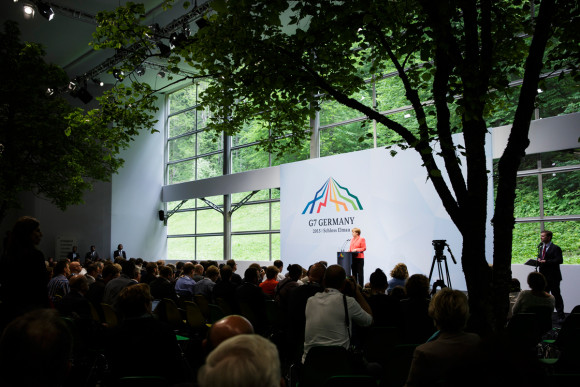 Chancellor Angela Merkel speaks at the G7 summit’s closing press conference