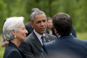 Italy’s Prime Minister Matteo Renzi (right), IMF Managing Director Christine Lagarde and US President Barack Obama having a conversation after the family photo of the G7 heads of state and government with the Outreach guests