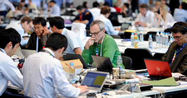 Journalists in the Olympic Ice Sports Centre in Garmisch-Partenkirchen.